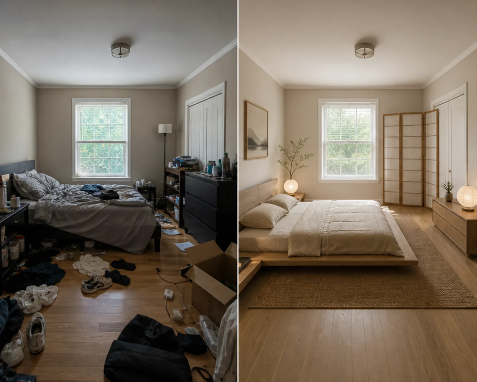 Before and after comparison of a messy bedroom cleaned and staged in Japanese style