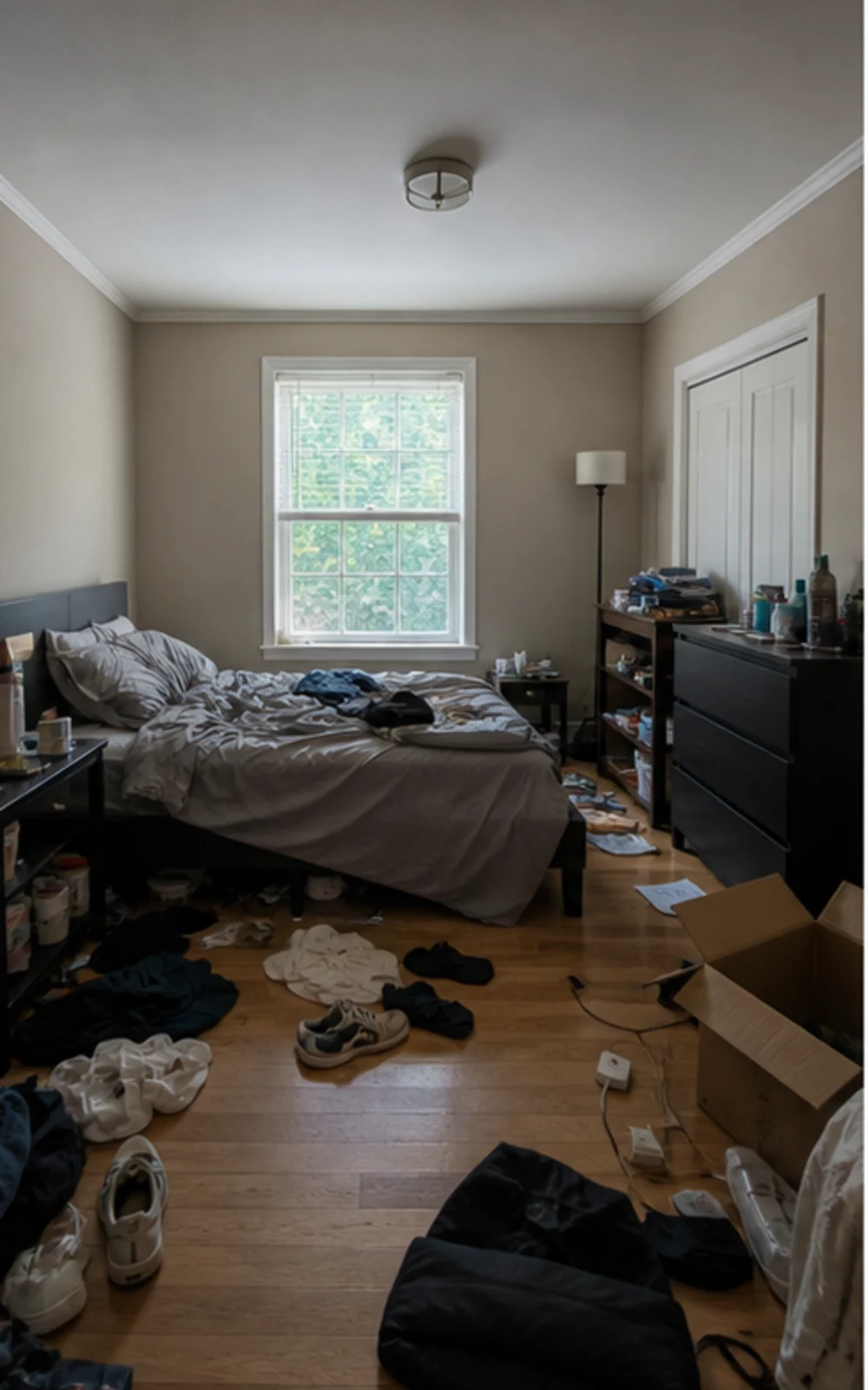 Original messy lived-in bedroom before AI virtual staging