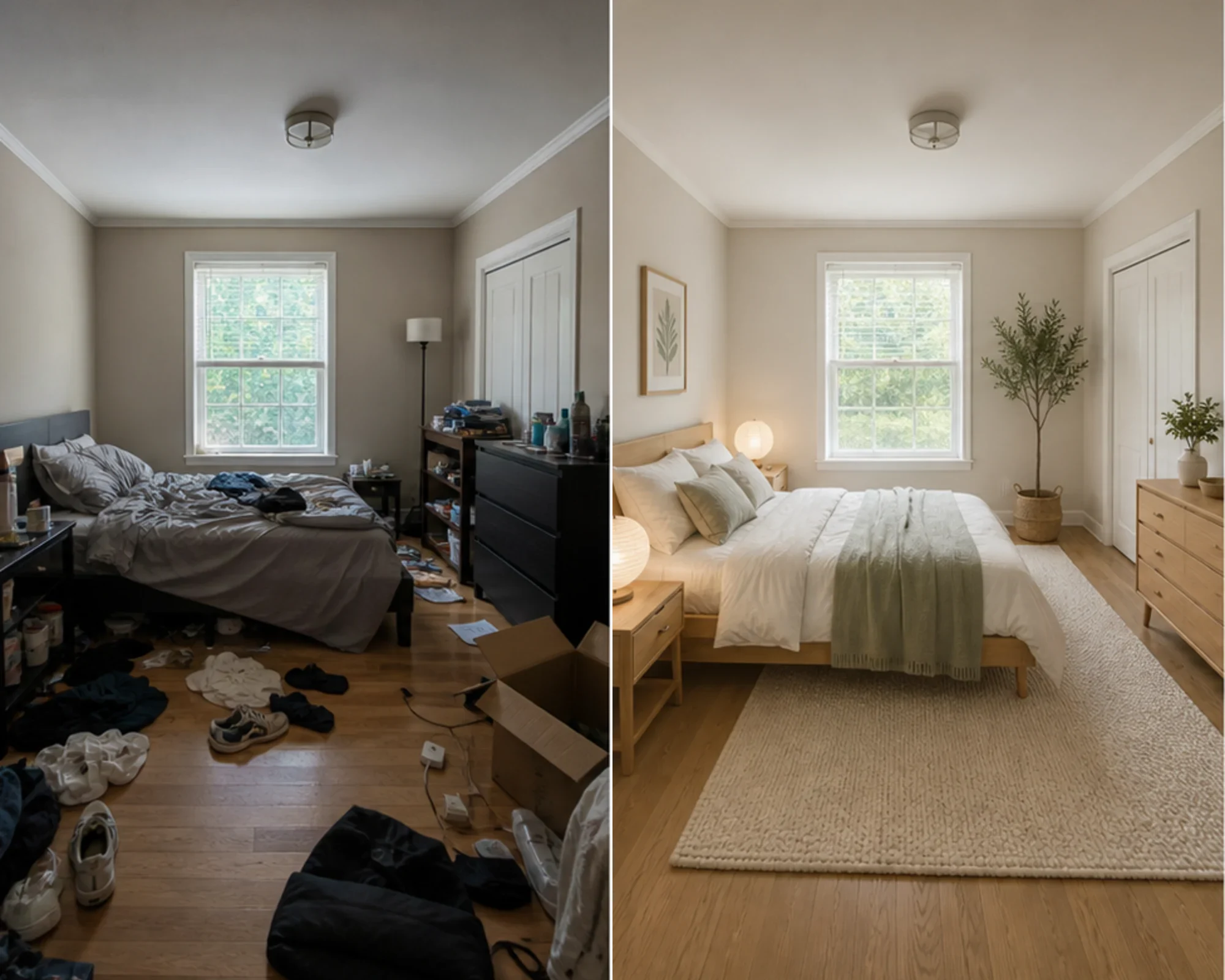 Before and after comparison of a messy bedroom cleaned and staged in Scandinavian style