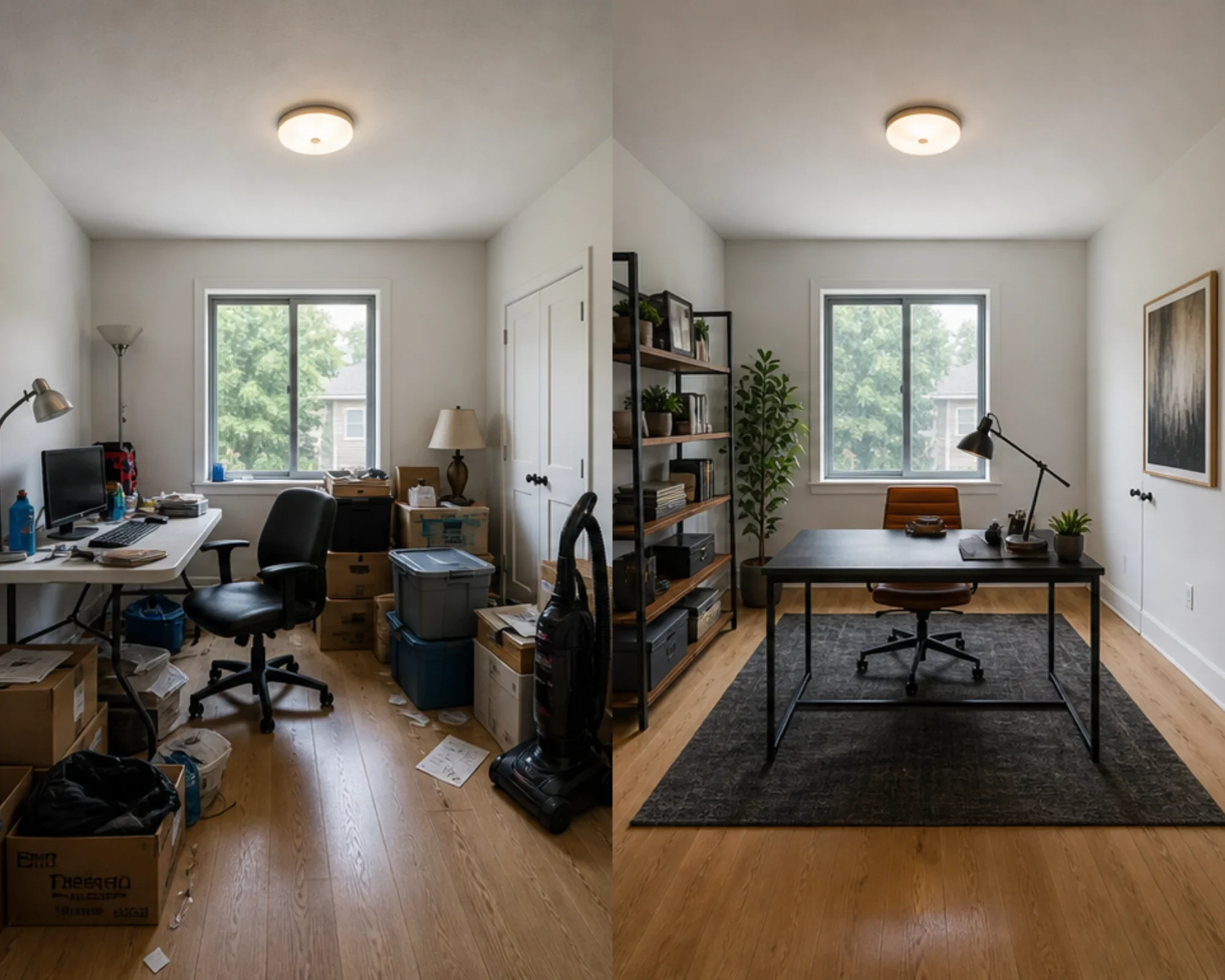 Before and after comparison of a cluttered spare room cleaned and staged as an Industrial office