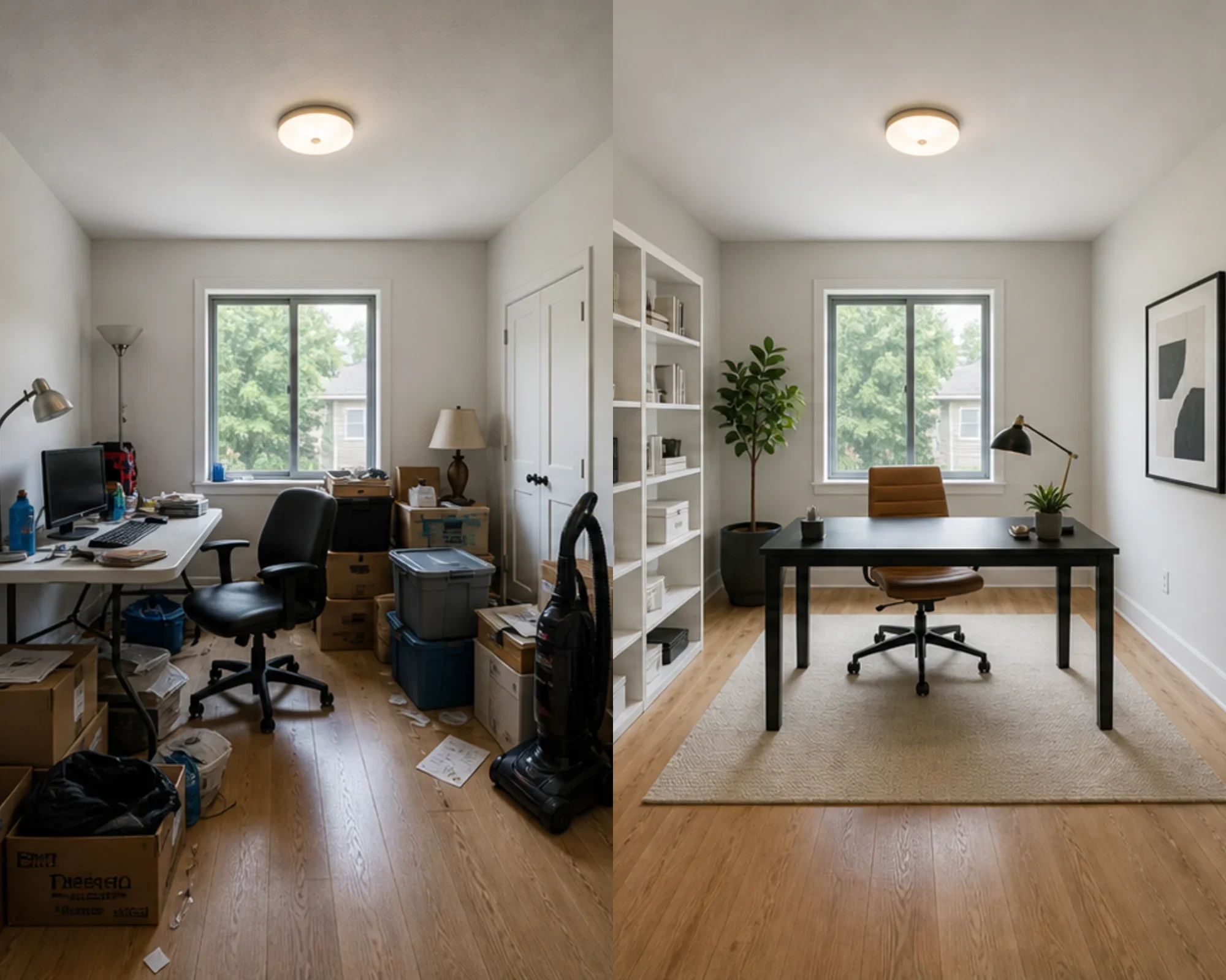 Before and after comparison of a cluttered spare room cleaned and staged as a Modern office