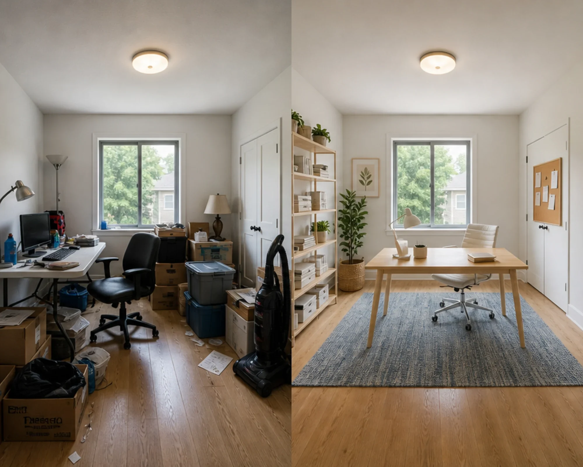 Before and after comparison of a cluttered spare room cleaned and staged as a Scandinavian office