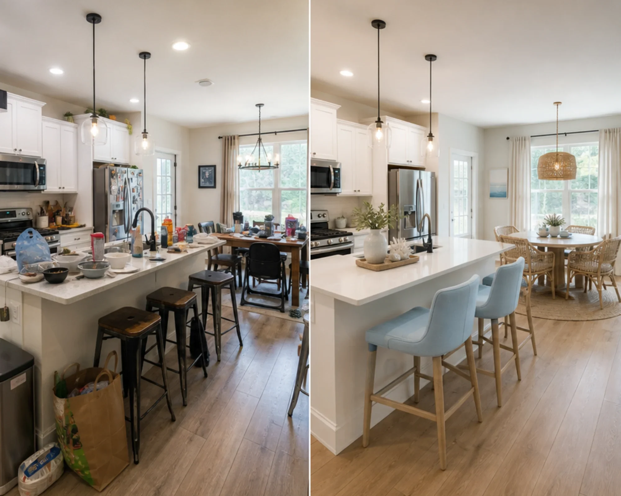 Before and after comparison of a cluttered kitchen cleaned and staged in Coastal style