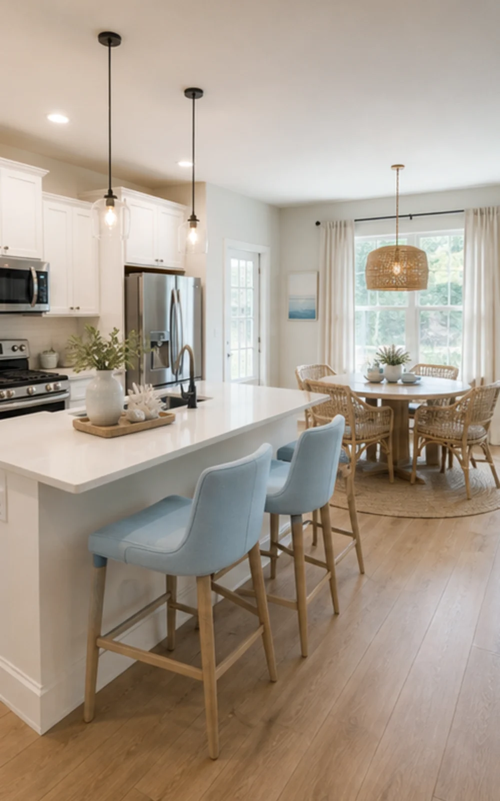 Coastal AI virtual staging result for a cleaned kitchen and dining area