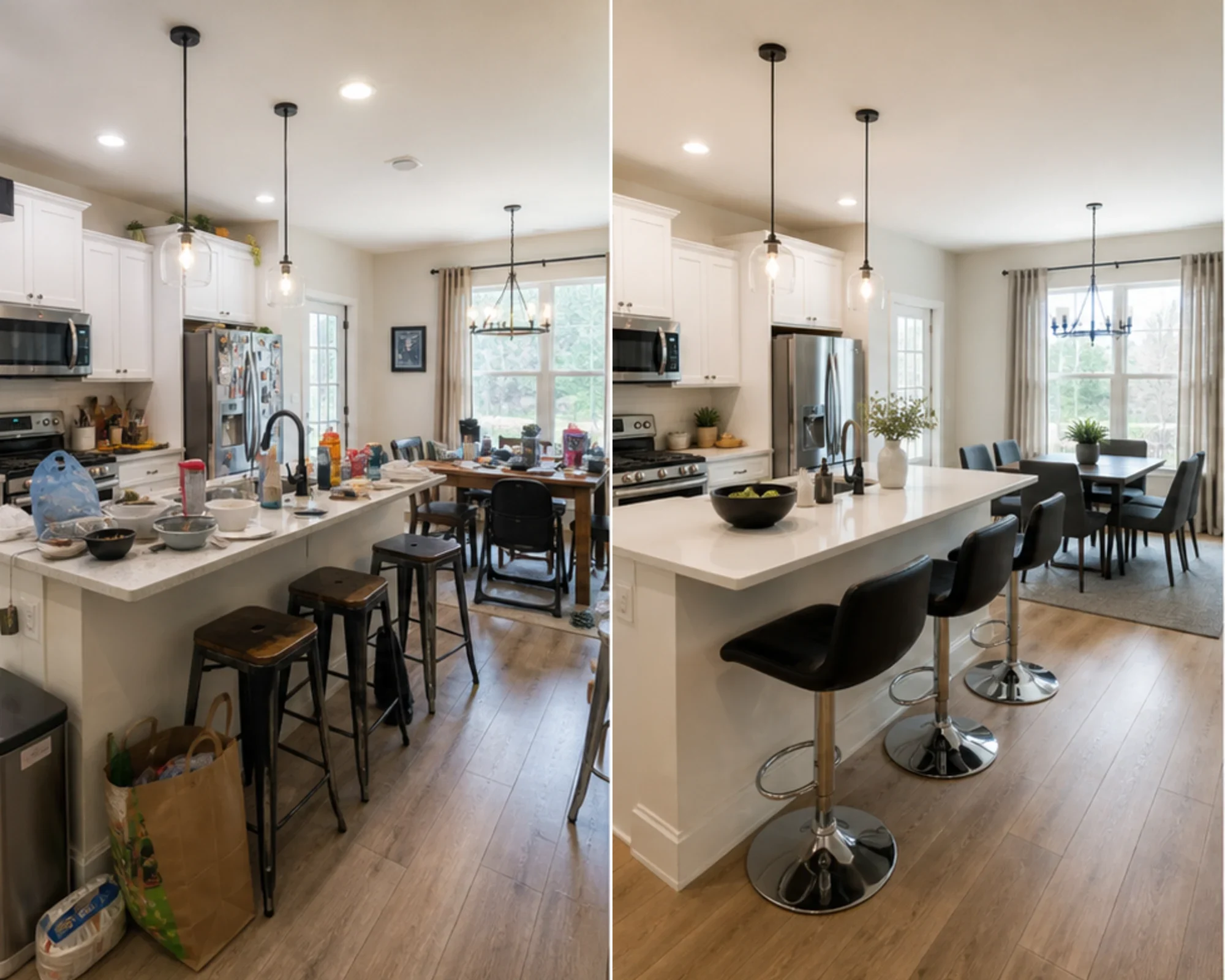 Before and after comparison of a cluttered kitchen cleaned and staged in Contemporary style