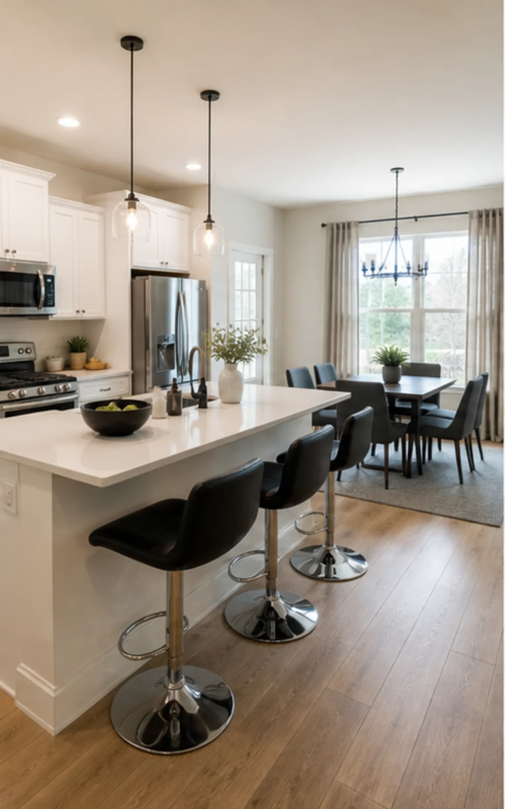 Contemporary AI virtual staging result for a cleaned kitchen and dining area