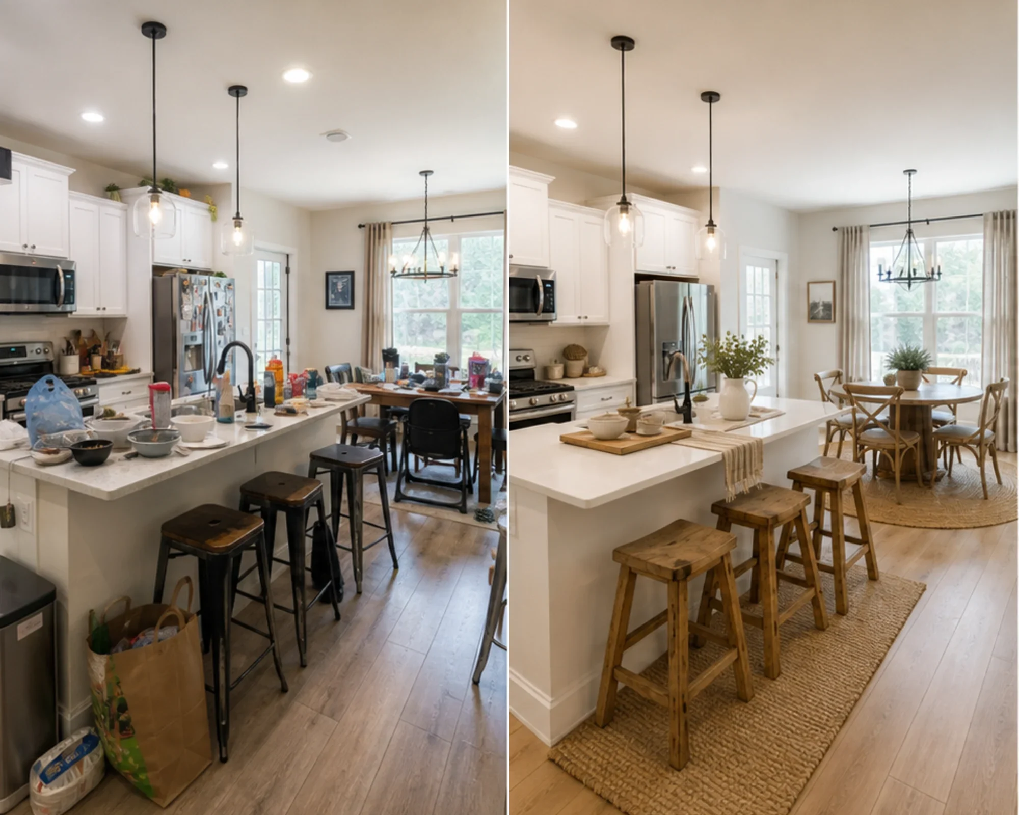 Before and after comparison of a cluttered kitchen cleaned and staged in Farmhouse style