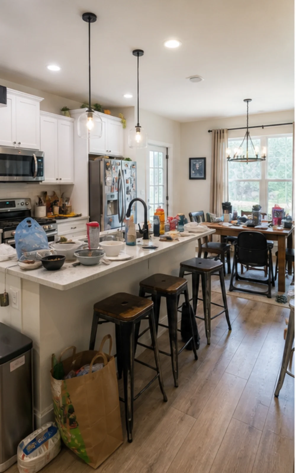 Original cluttered kitchen and dining area before AI virtual staging