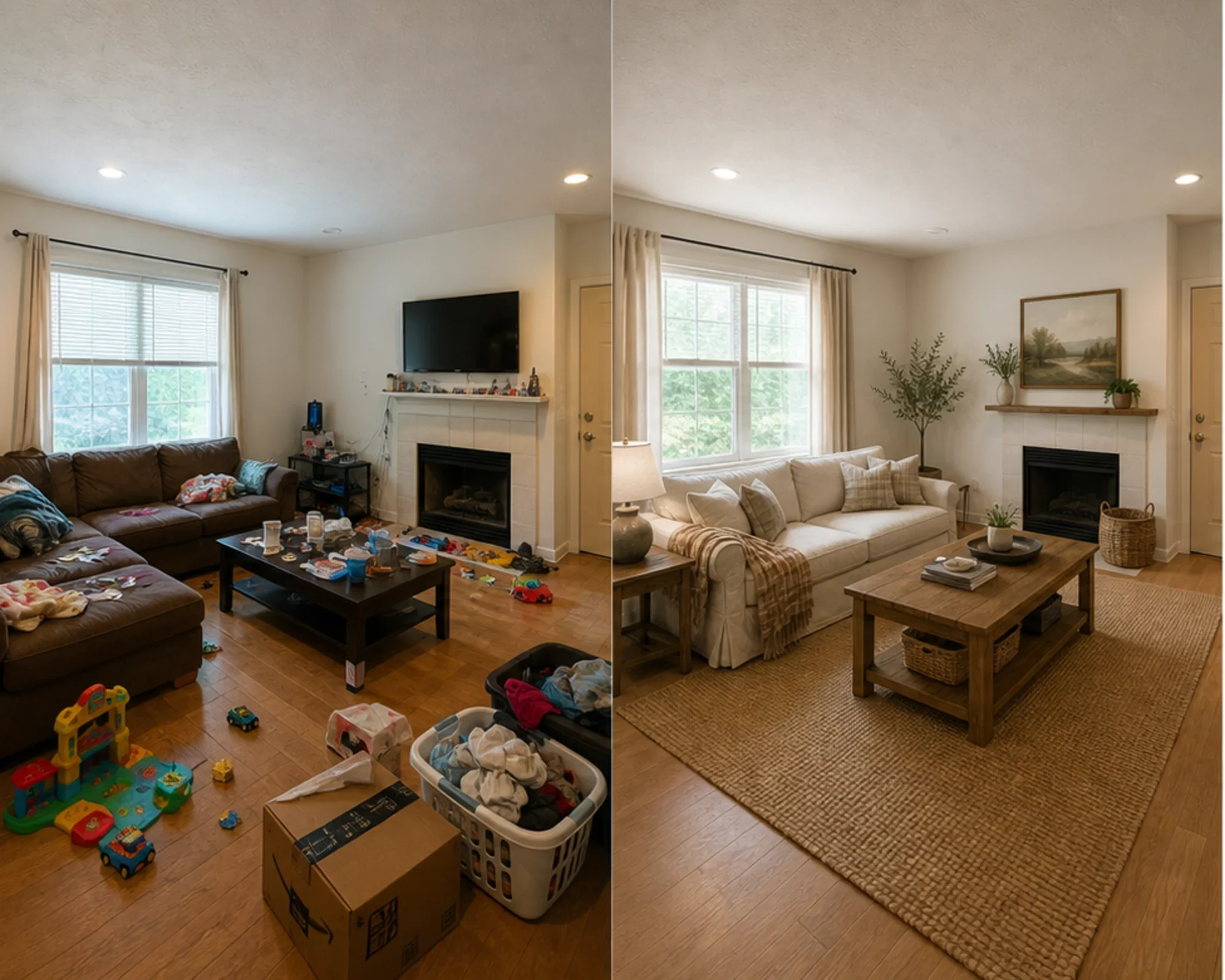Before and after comparison of a cluttered living room cleaned and staged in Farmhouse style