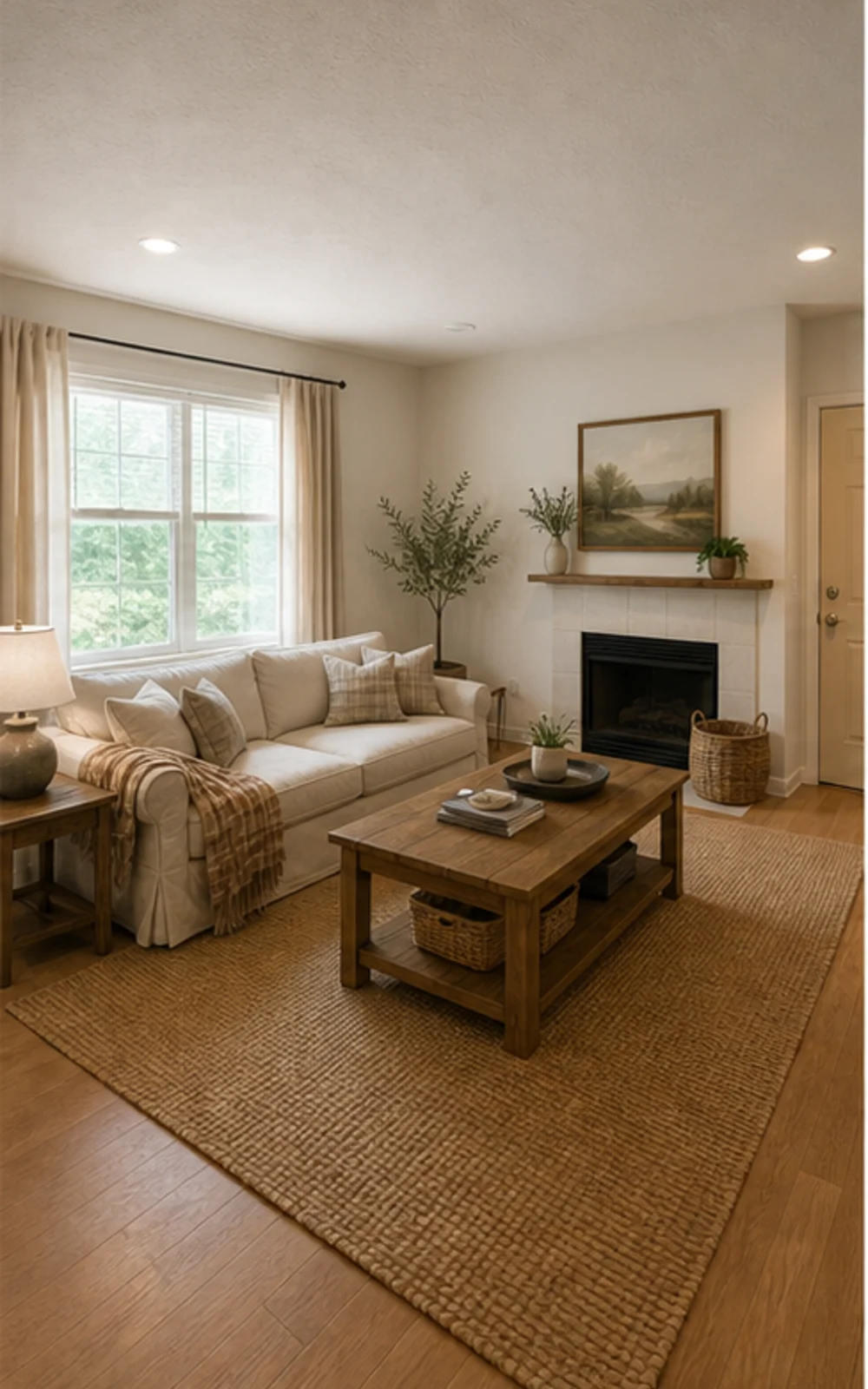 Farmhouse AI virtual staging result for a cleaned living room
