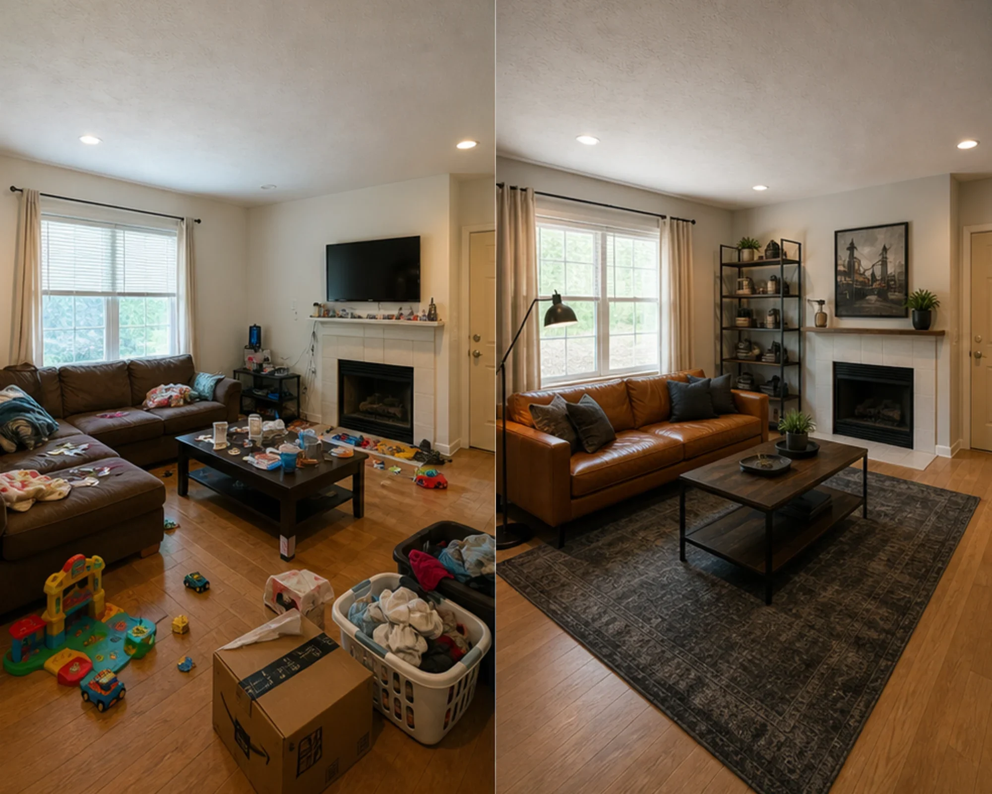 Before and after comparison of a cluttered living room cleaned and staged in Industrial style