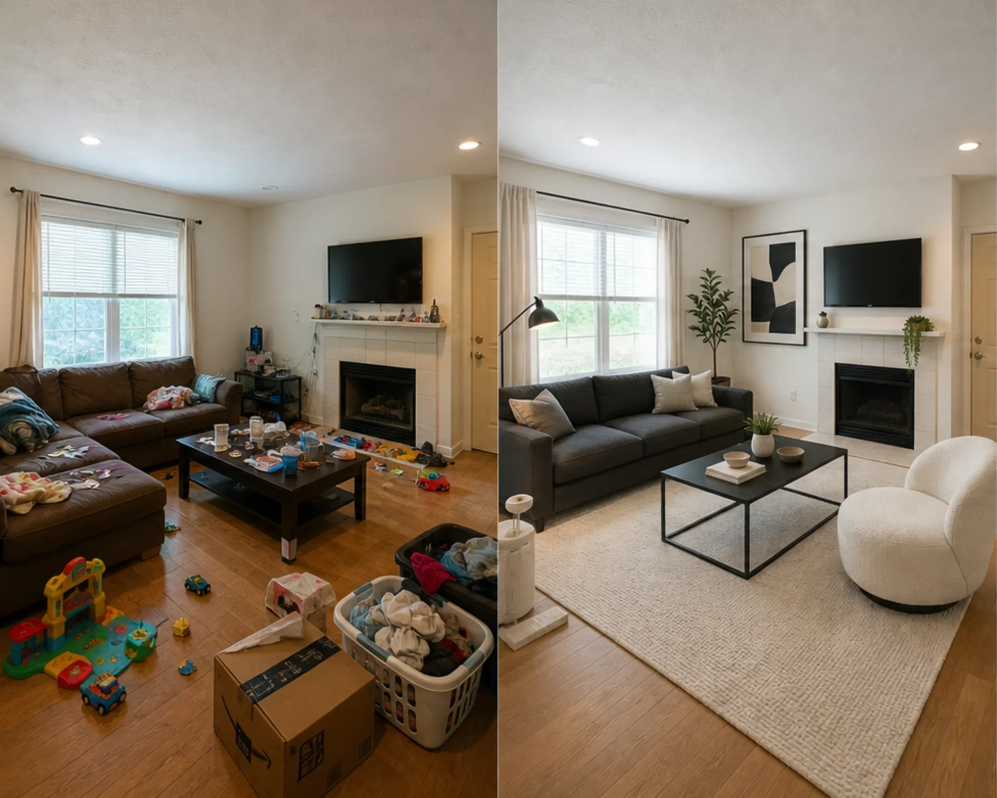 Cluttered living room before and after clearing furniture and redesigning in Modern style