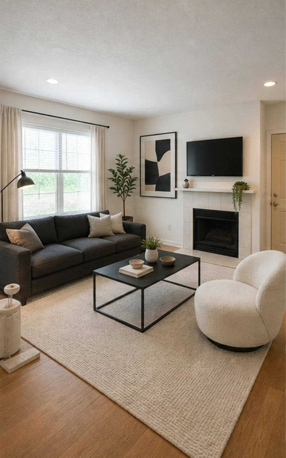 Modern AI virtual staging result for a cleaned living room