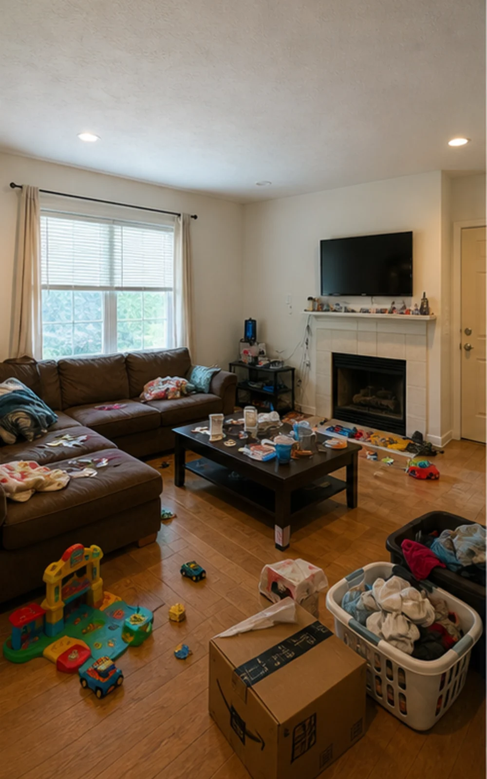 Original lived-in living room with clutter before AI virtual staging