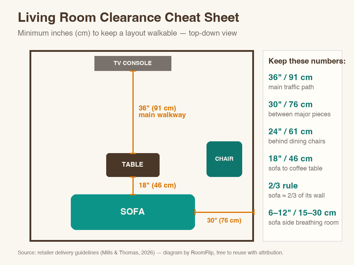 Living room clearance cheat sheet showing minimum spacing between sofa, coffee table, TV console, and armchair